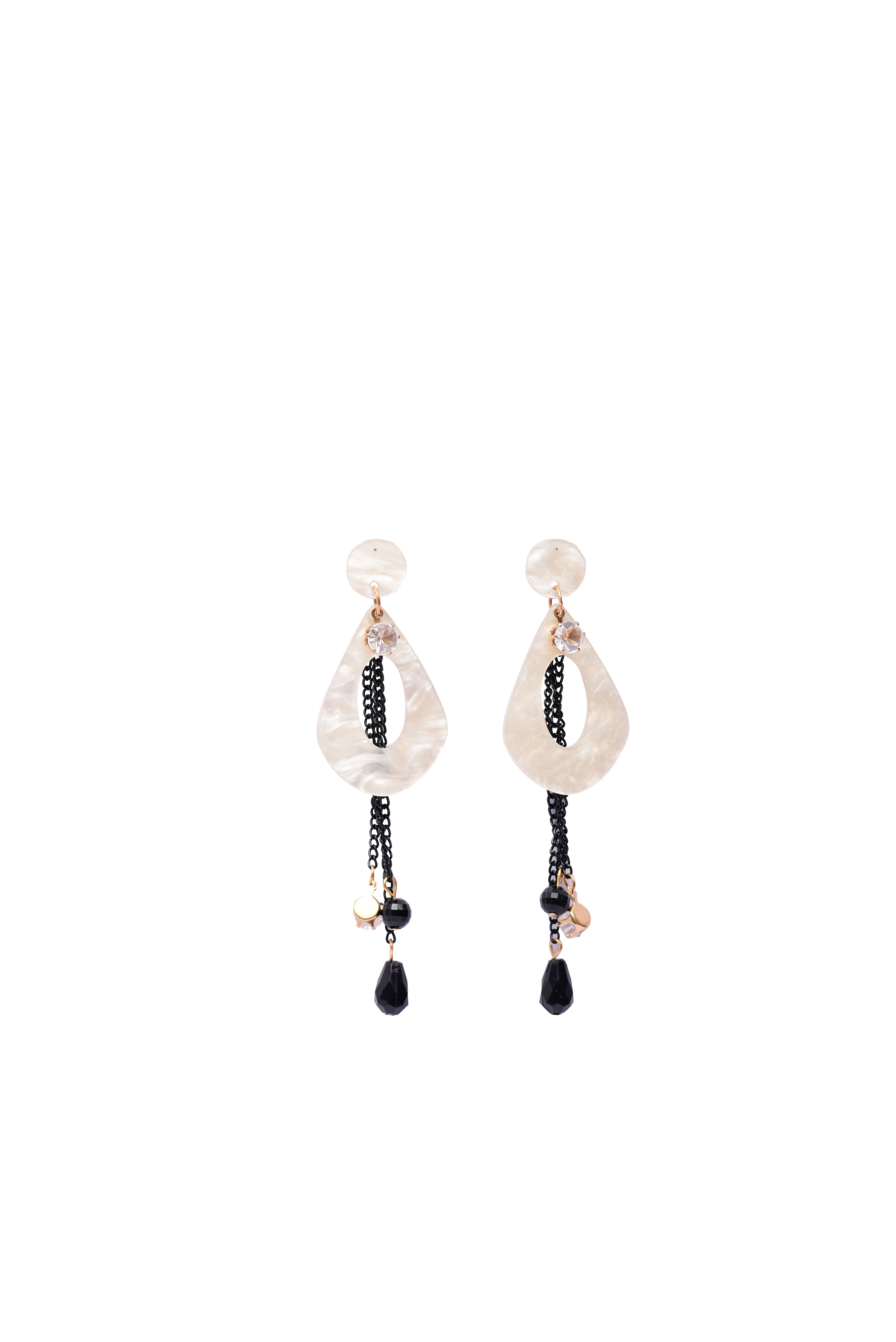 Namokriti Modern Dangle Earrings – Marbled Teardrop with Crystal and Black Chain Accents